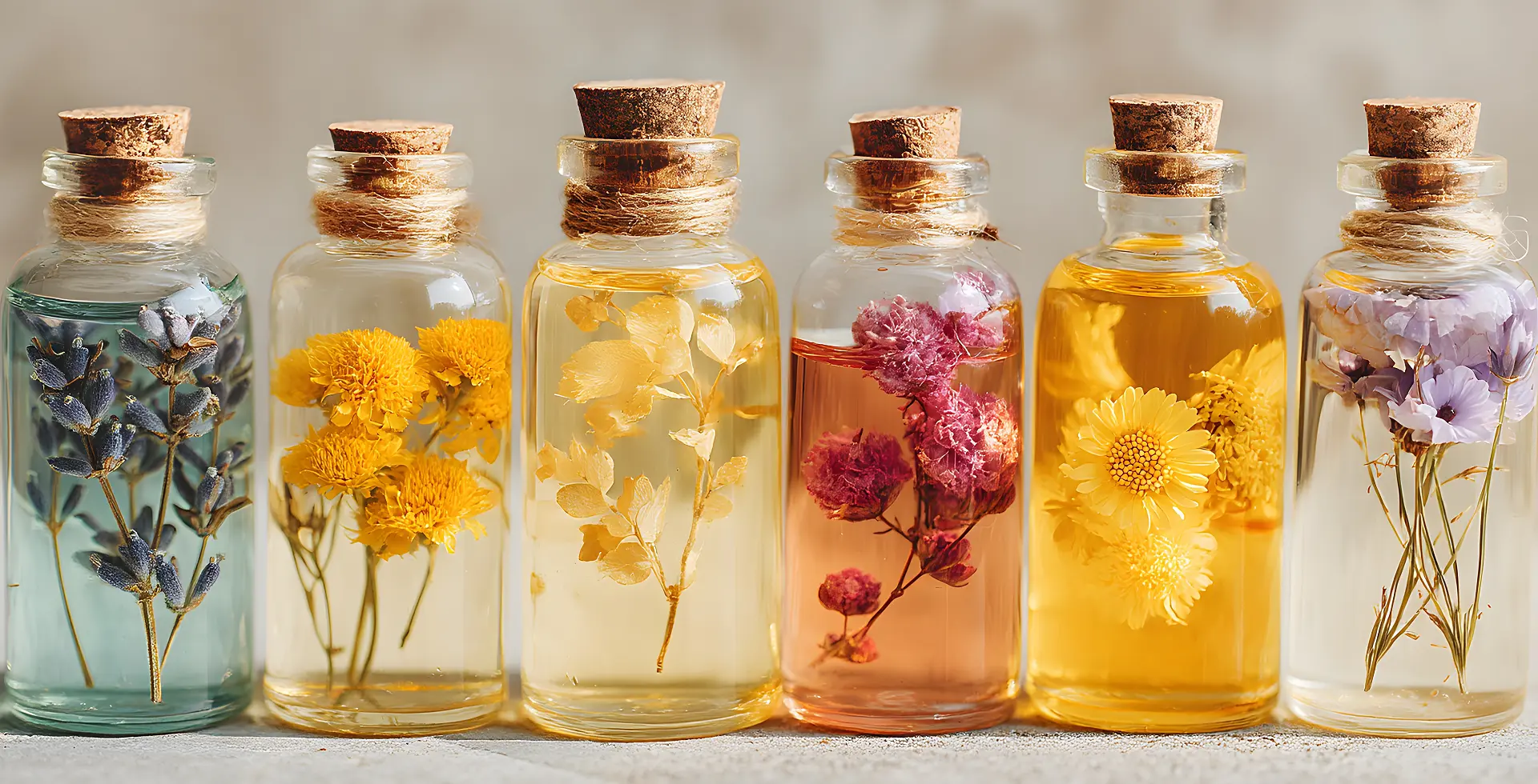 Flacons en verre avec fleurs séchées